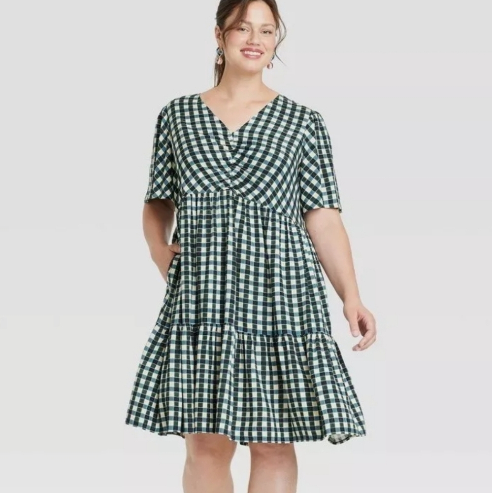 Ava & Viv Plus Size Flutter Short Sleeve Dress blue plaid print 2x